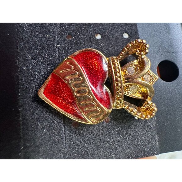 Vintage Mom Heart Golden Crown Lapel Brooch Pin with Gemstones Mother's Day - Picture 2 of 5